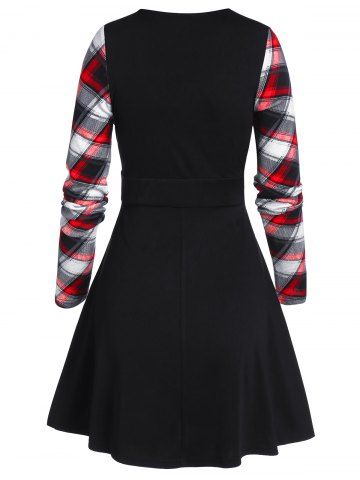 

Mock Button Plaid Print Mini Surplice Dress, Black