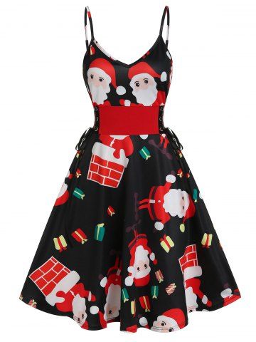 Christmas Santa Print Corset Waist Cami Dress - MULTI-A - L