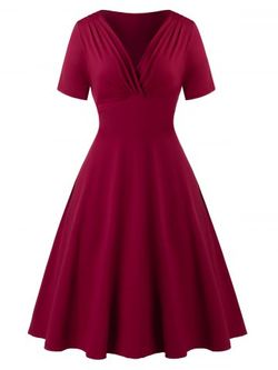 Plus Size Surplice Ruched A Line Vintage Dress - RED WINE - 3X