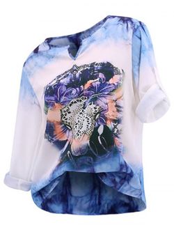 Plus Size Flower Roll Tab Sleeve V Notched Blouse - BLUE IVY - 2X