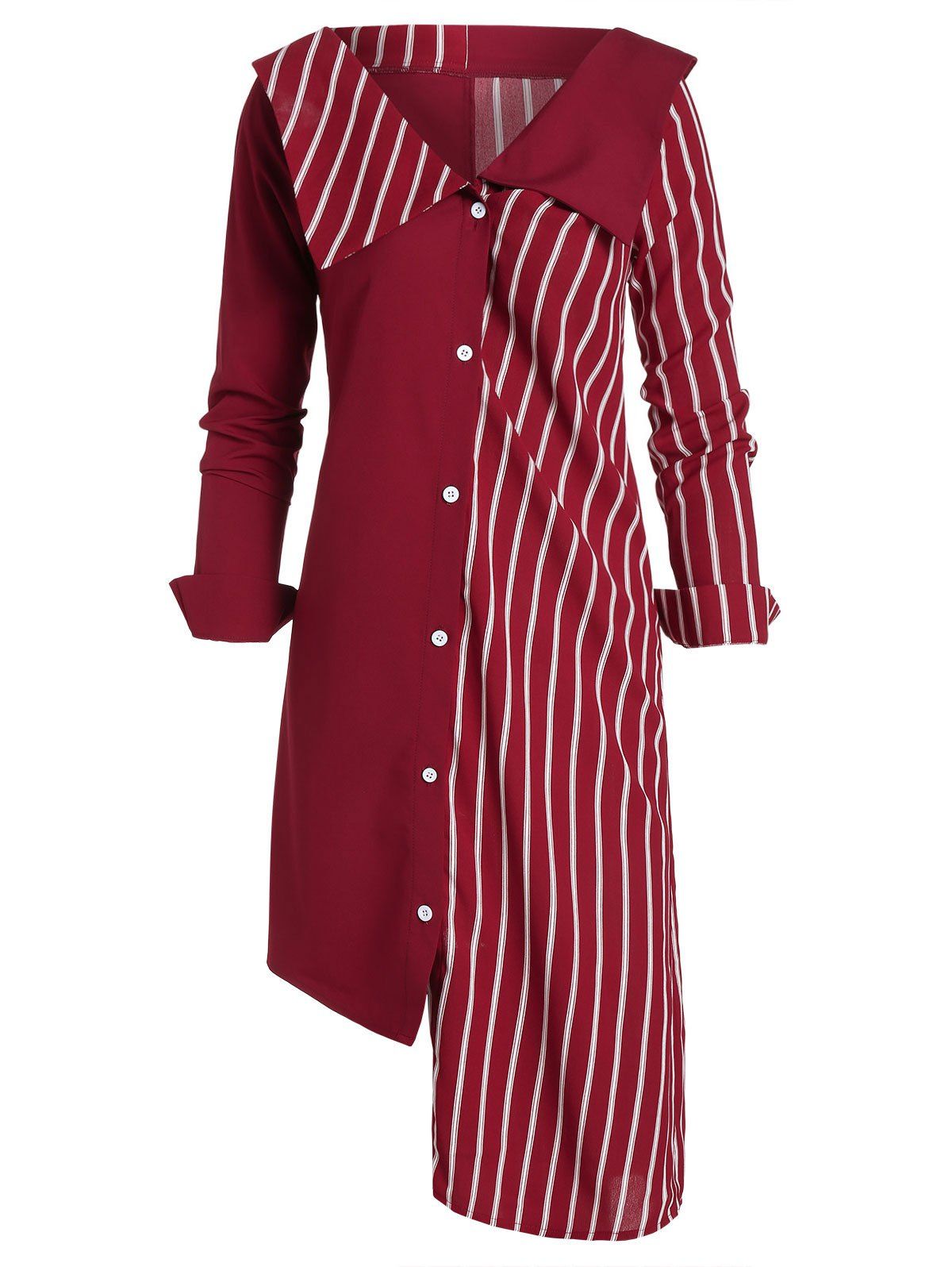 

Flat Collar Striped Asymmetric Longline Shirt, Red wine