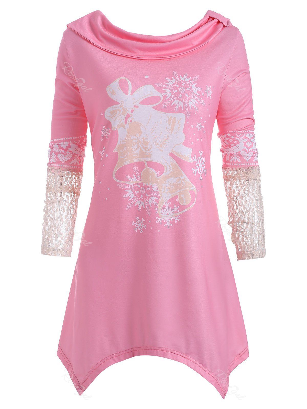 

Lace Panel Small Bell Snowflake Elk Christmas Plus Size Top, Pink