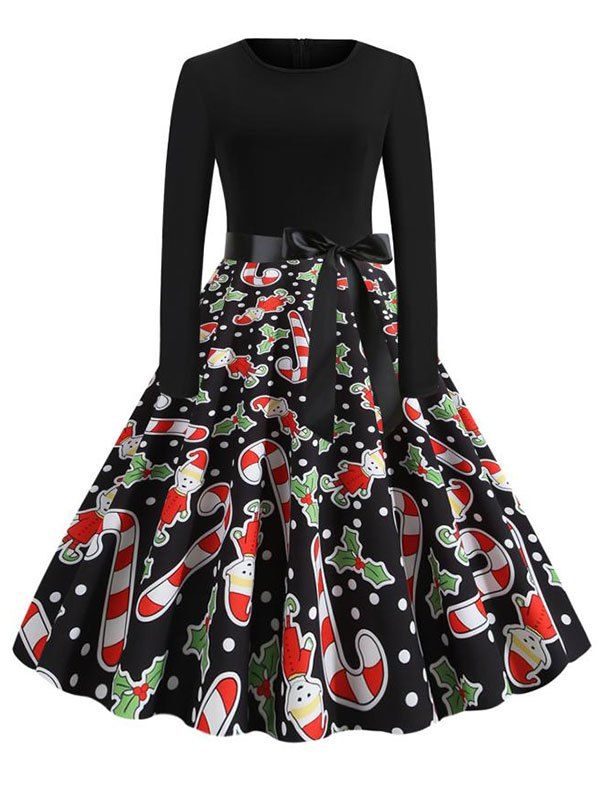 

Christmas Santa Claus Snowflake Snowman Belted Long Sleeve Dress, Multi-a
