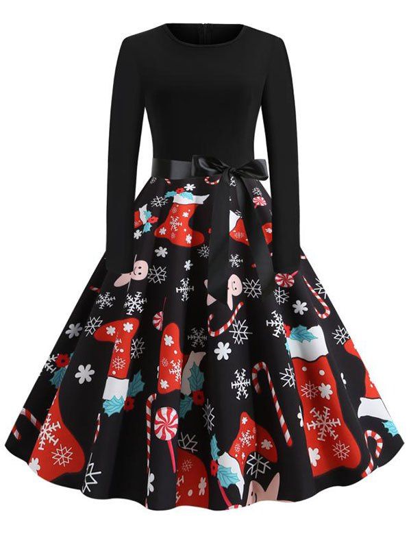 

Christmas Santa Claus Snowflake Snowman Belted Long Sleeve Dress, Multi-d