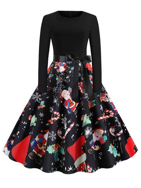 

Christmas Santa Claus Snowflake Snowman Belted Long Sleeve Dress, Multi-c