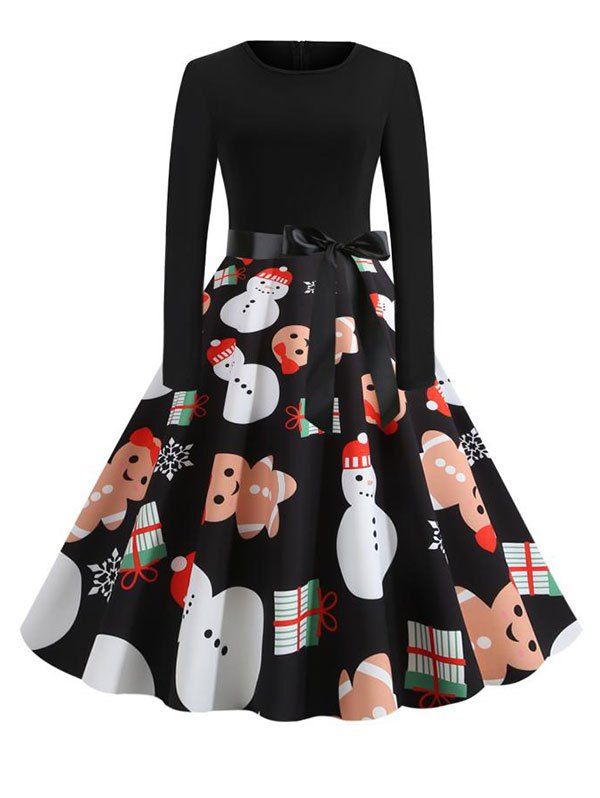 

Christmas Santa Claus Snowflake Snowman Belted Long Sleeve Dress, Multi-e