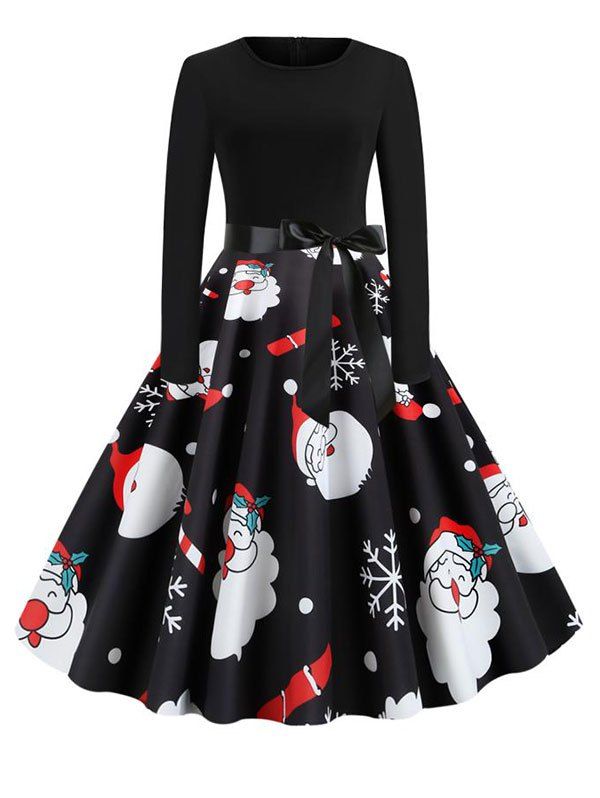 

Christmas Santa Claus Snowflake Snowman Belted Long Sleeve Dress, Multi-f