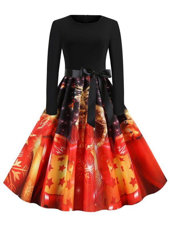 

Christmas Gift Print Belted Party Dress, Multi-d