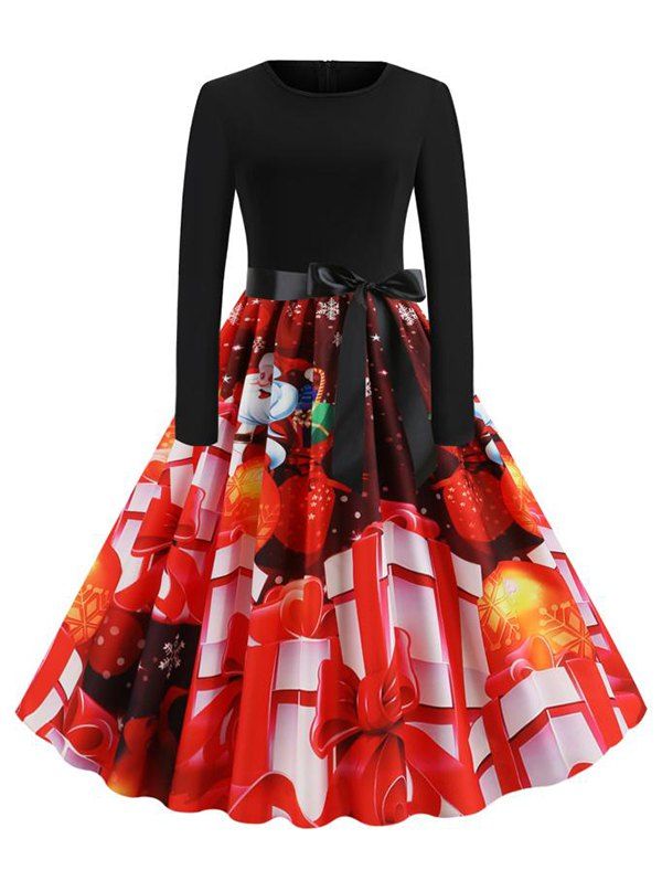 

Christmas Gift Print Belted Party Dress, Multi-e