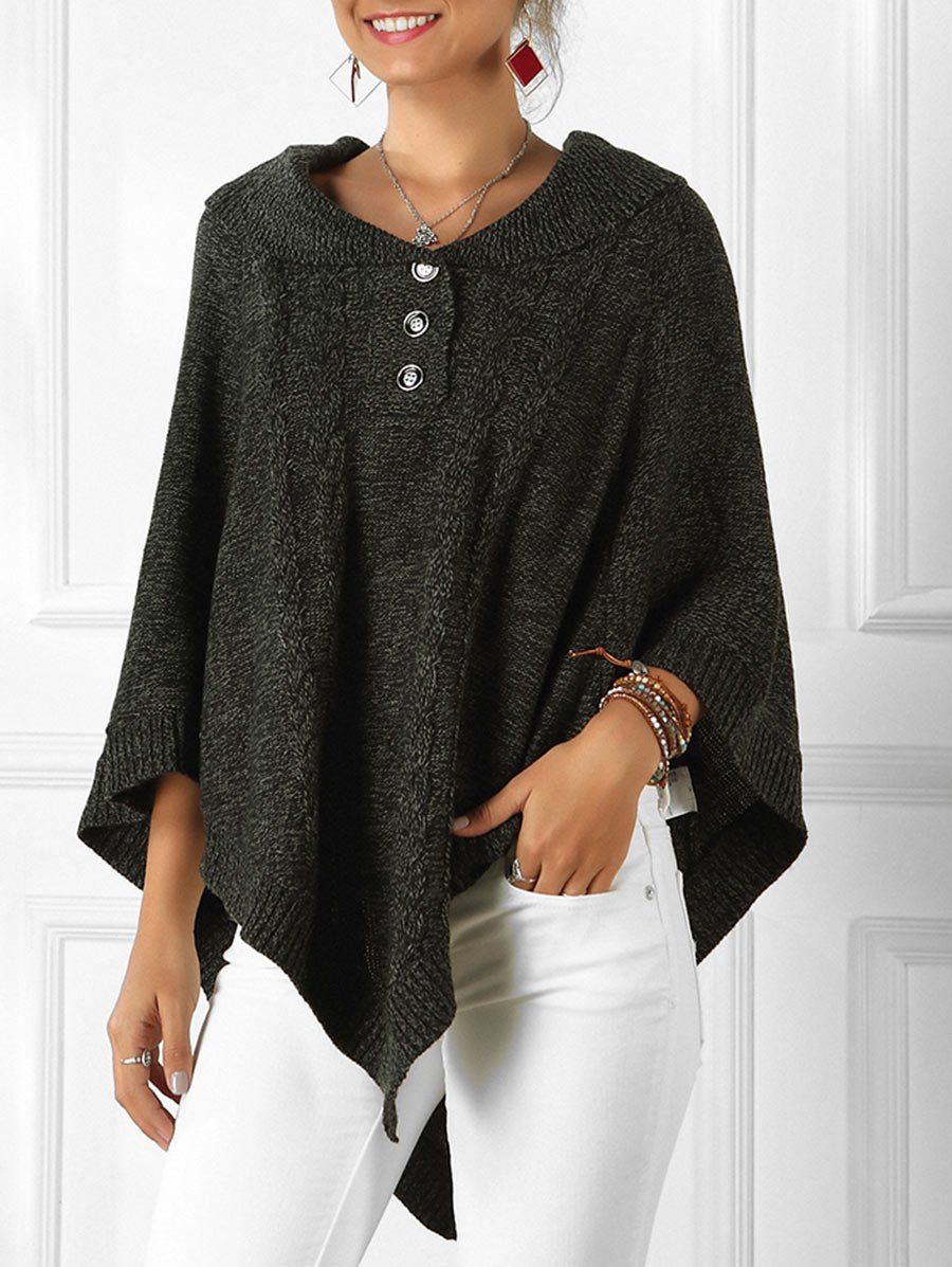 

Shawl Collar Cable Knit Heathered Poncho Sweater, Black