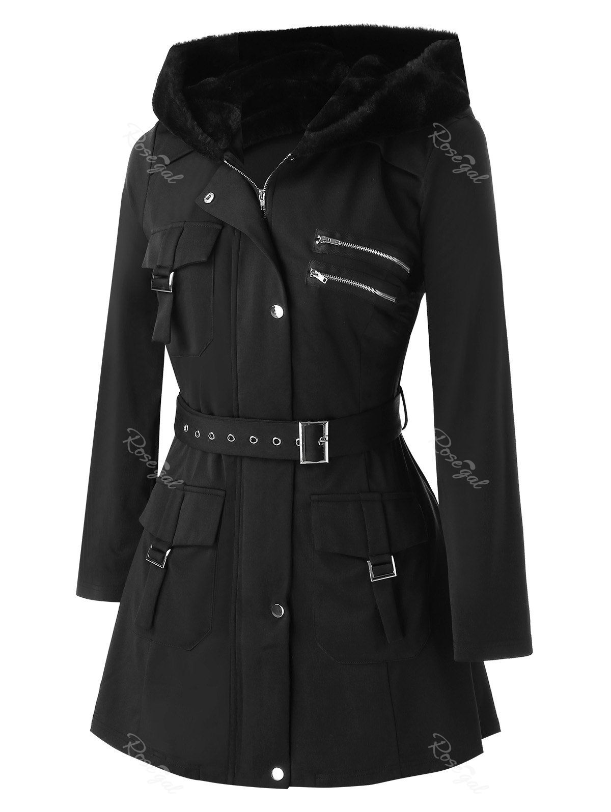 

Plus Size Pockets Zippered Buckles Belted Coat, Black