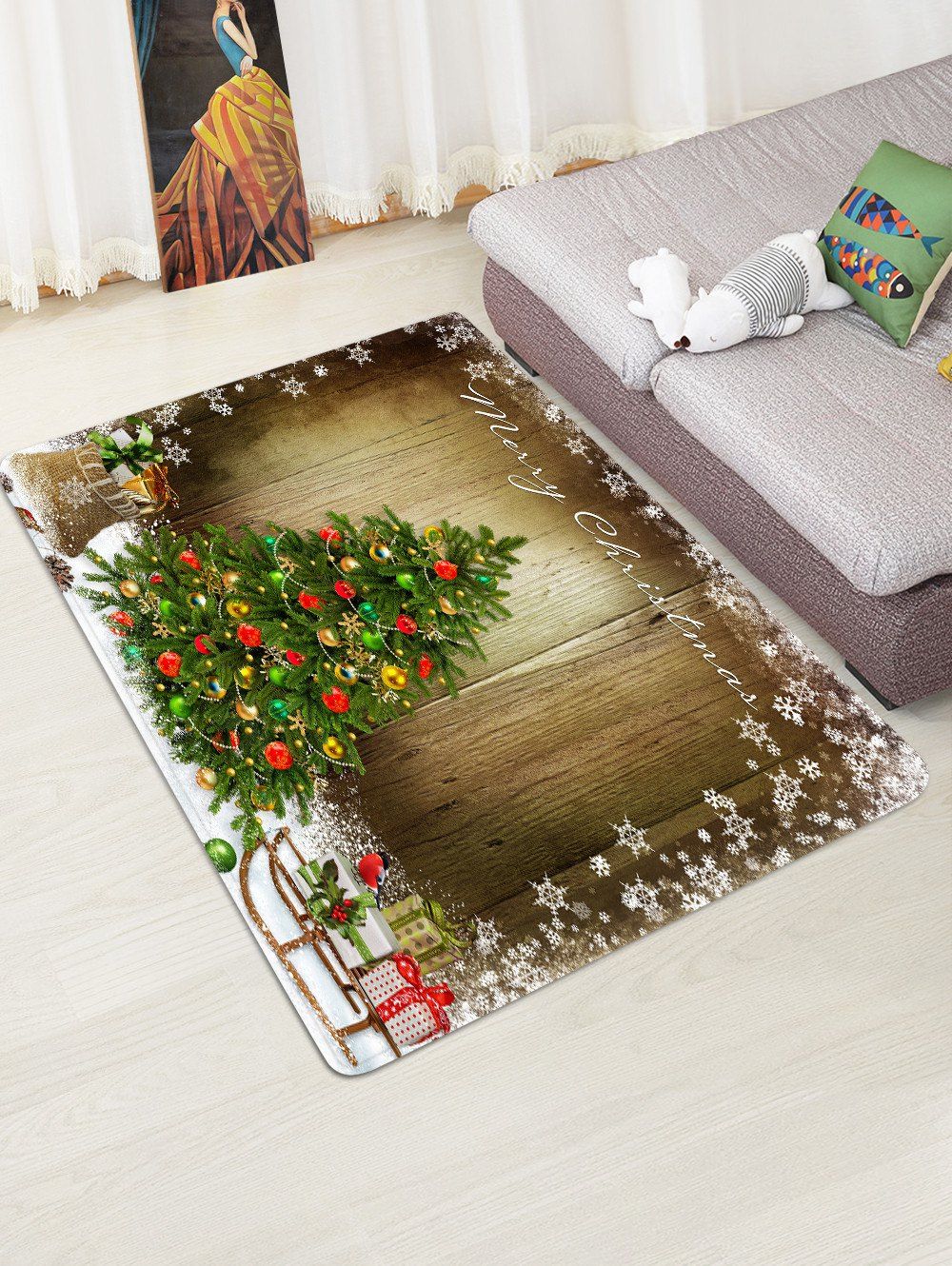 

Merry Christmas Tree Wooden Pattern Floor Rug, Multi