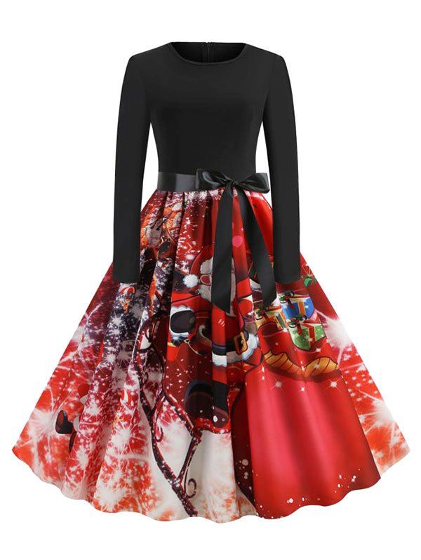 

Christmas Santa Claus Belted Knee Length Dress, Multi-a