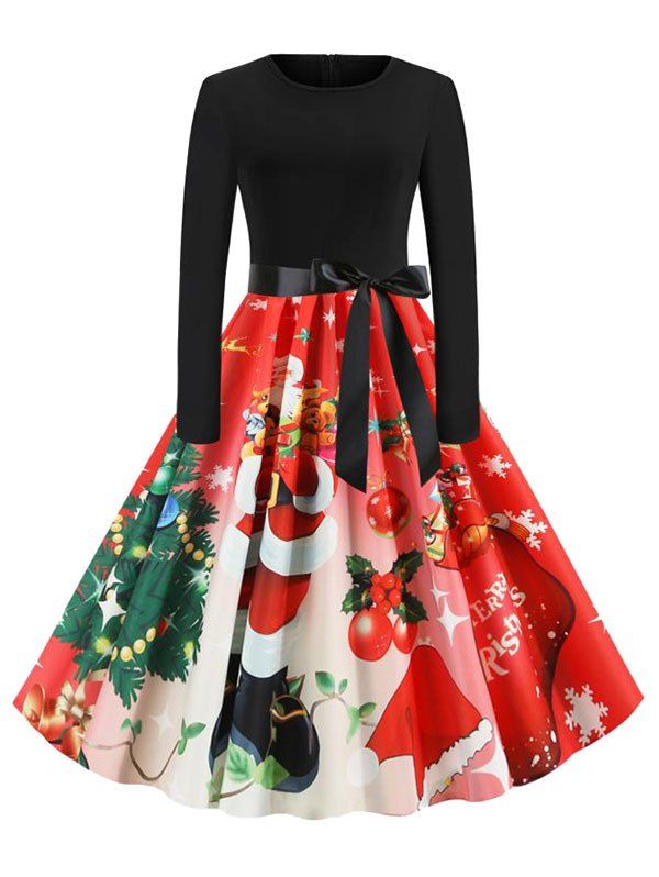 

Christmas Santa Claus Belted Knee Length Dress, Multi-c
