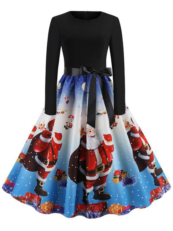 

Christmas Knee Length Belted Party Dress, Multi-a