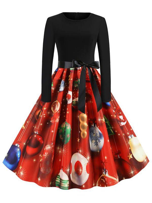 

Christmas Knee Length Belted Party Dress, Multi-b