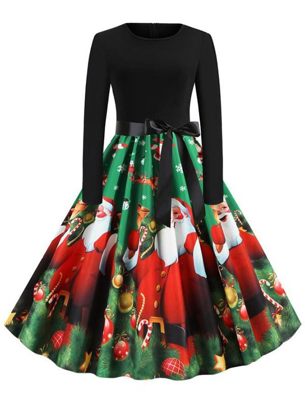 

Christmas Knee Length Belted Party Dress, Multi-c