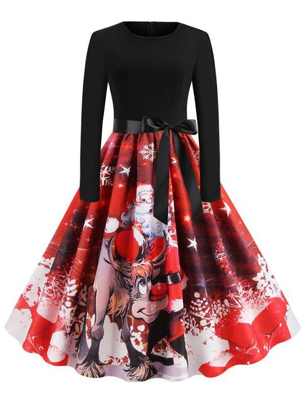 

Christmas Knee Length Belted Party Dress, Multi-d