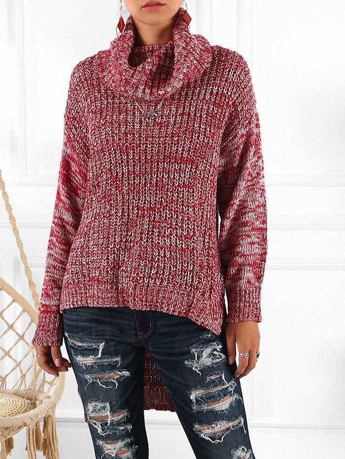 

Cowl Neck Slits Heathered Sweater, Cherry red