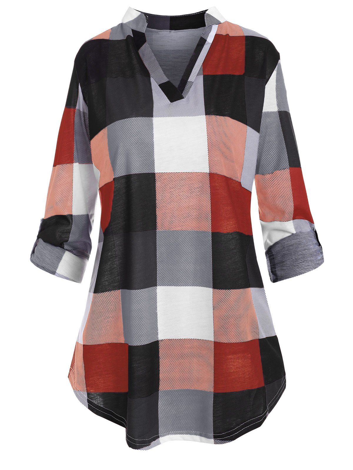 

Plus Size Checked Roll Up Sleeve Blouse, Firebrick