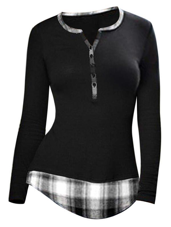 

Plus Size Half Button Plaid Trim Tunic T-shirt, Black