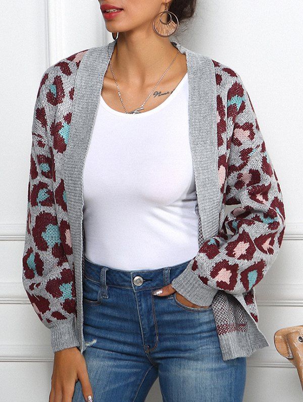 

Leopard Graphic Collarless Cardigan, Gray