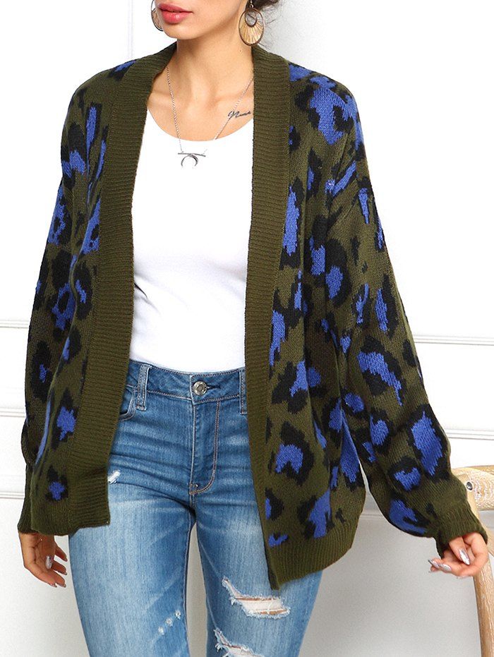 

Leopard Graphic Collarless Cardigan, Army green