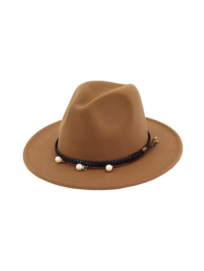 

Faux Pearl Braid Rope Embellished Felt Jazz Hat, Khaki