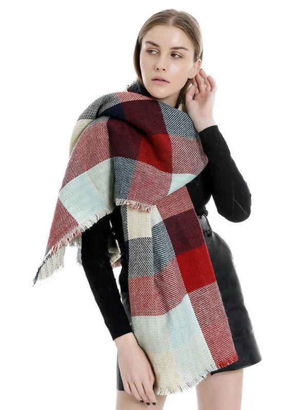 

Color-blocking Plaid Fringe Scarf, Lava red