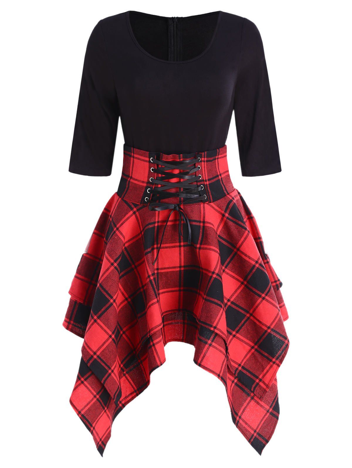 

Lace Up Tartan Asymmetrical Dress, Multi