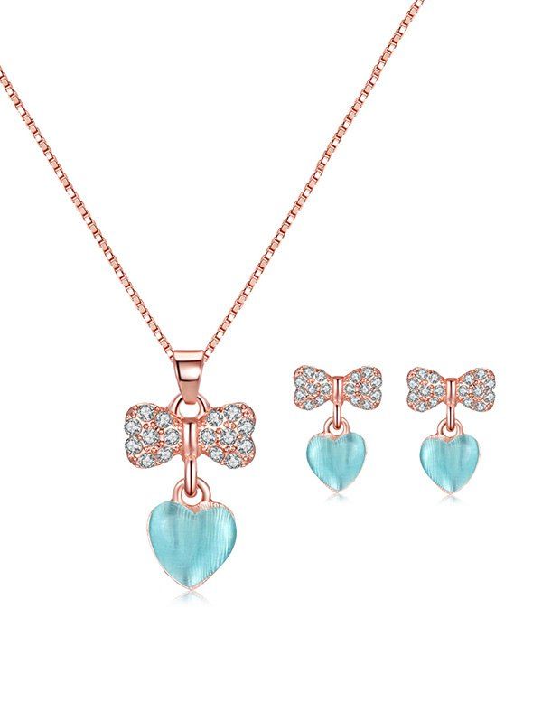 

Rhinestone Bowknot Heart Pendant Necklace and Earrings, Blue