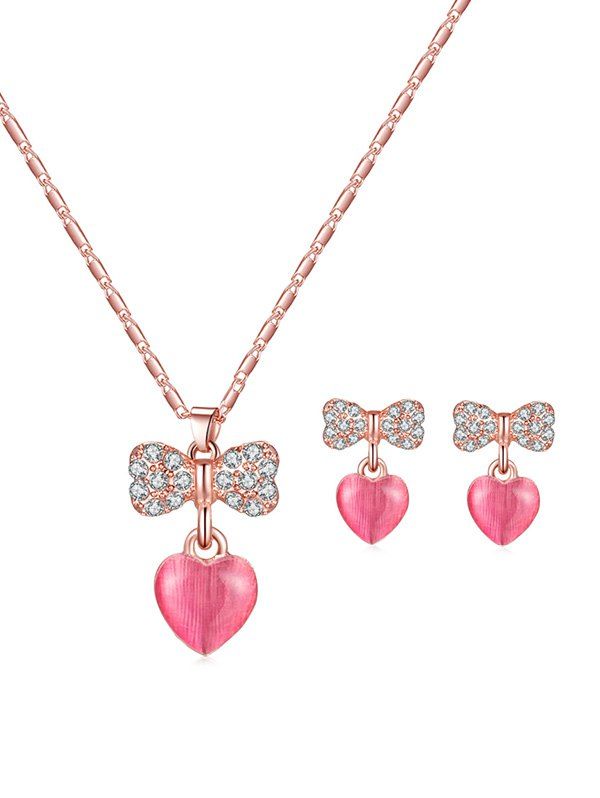 

Rhinestone Bowknot Heart Pendant Necklace and Earrings, Blush red