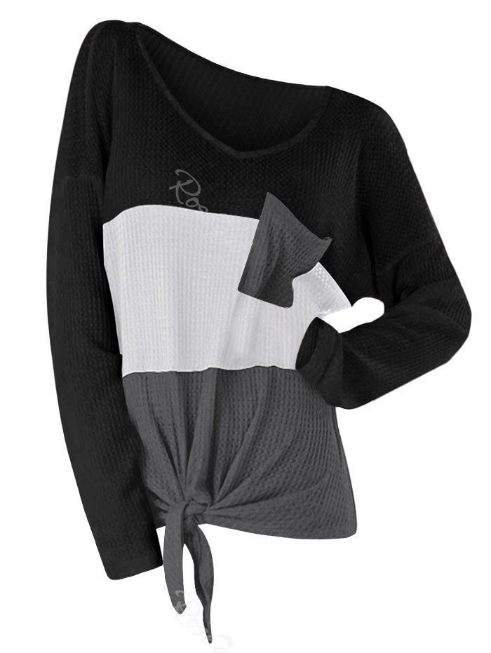 

Plus Size Pockets Hit Color Front Knot Knitwear, Black