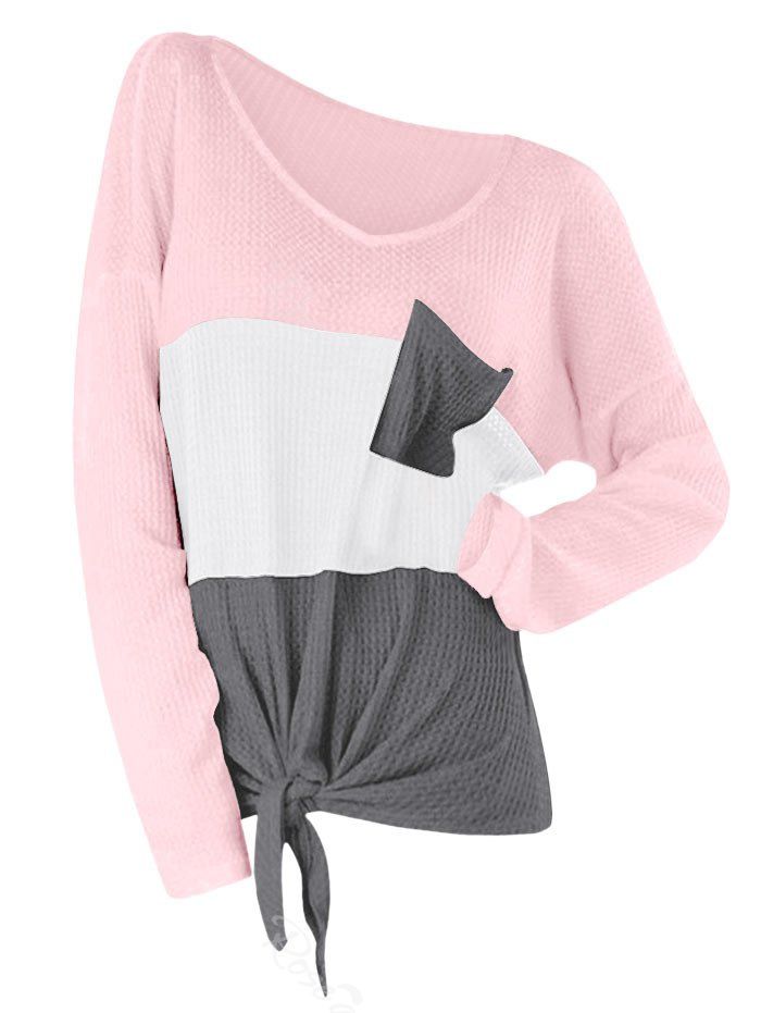 

Plus Size Pockets Hit Color Front Knot Knitwear, Pink