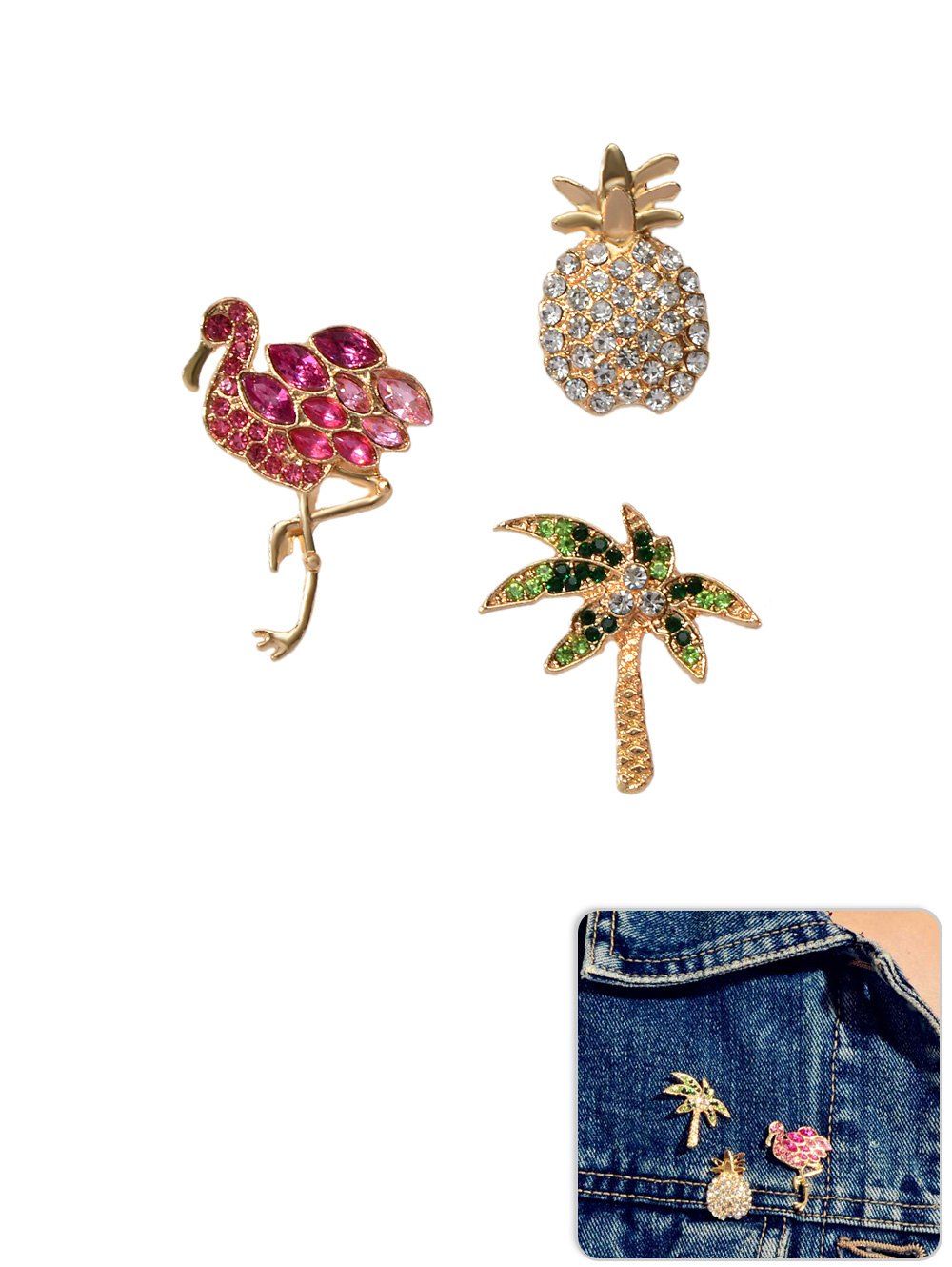 

Rhinestone Flamingo Pineapple Palm Tree Shape Brooches Set, Acu camouflage