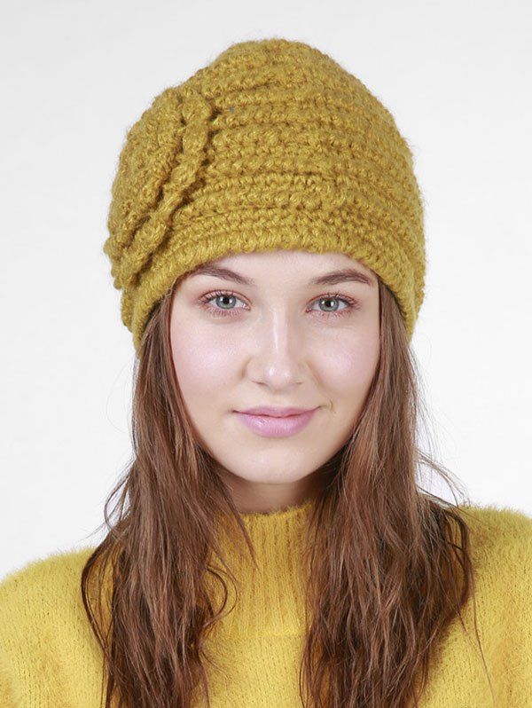 

Solid Knitted Winter Flower Pattern Hat, Fall leaf brown