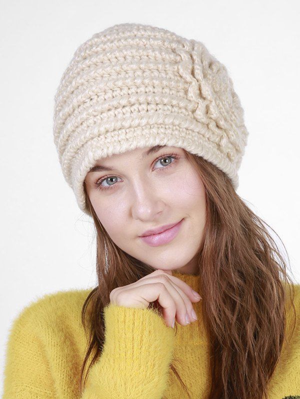 

Solid Knitted Winter Flower Pattern Hat, Warm white