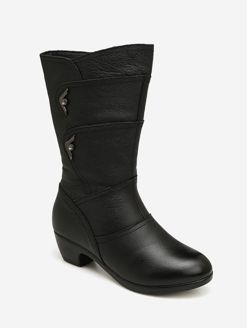 

Rhinestone Accent Chunky Heel Mid Calf Boots, Black