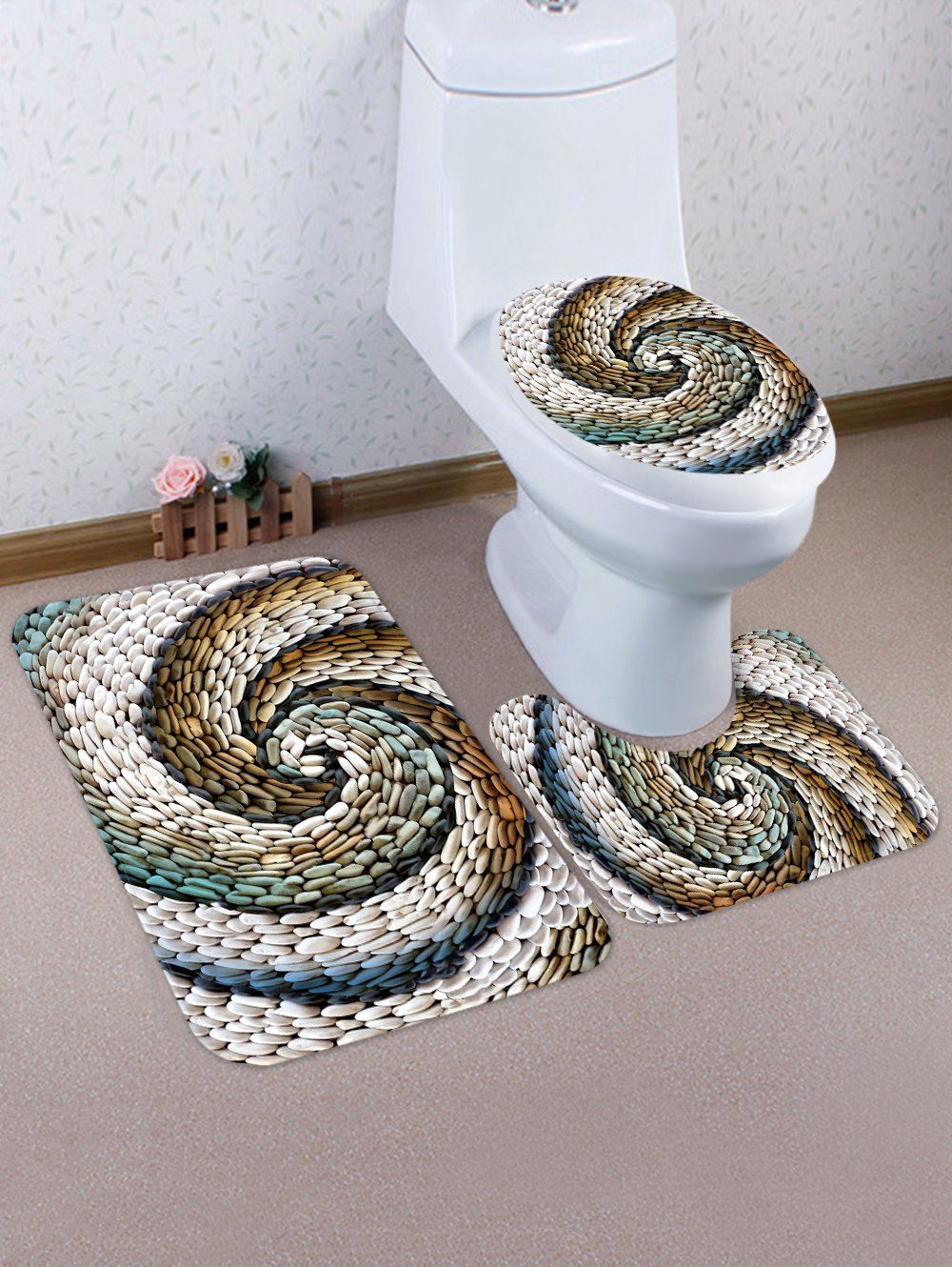 

3D Cobblestone Pattern 3 Pcs Bathroom Toilet Mat, Multi