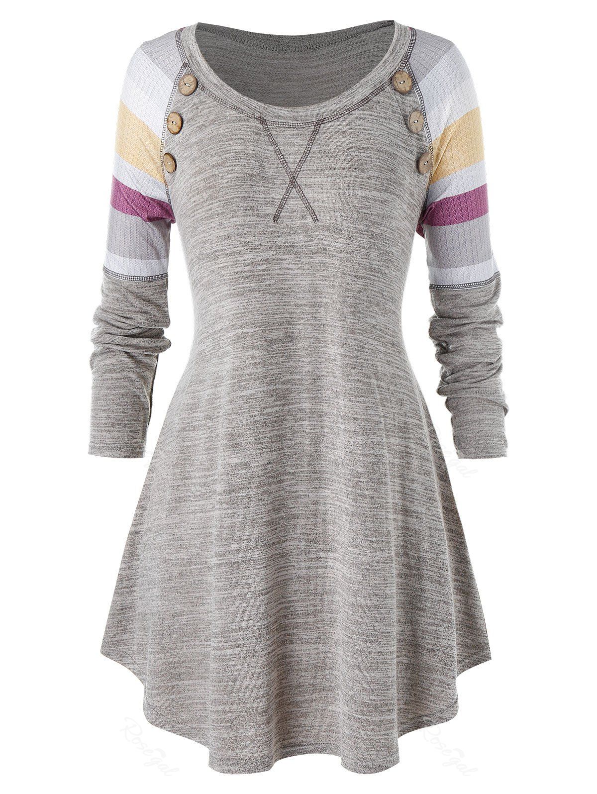 

Plus Size Striped Marled Buttons Tunic Knitwear, Dark gray