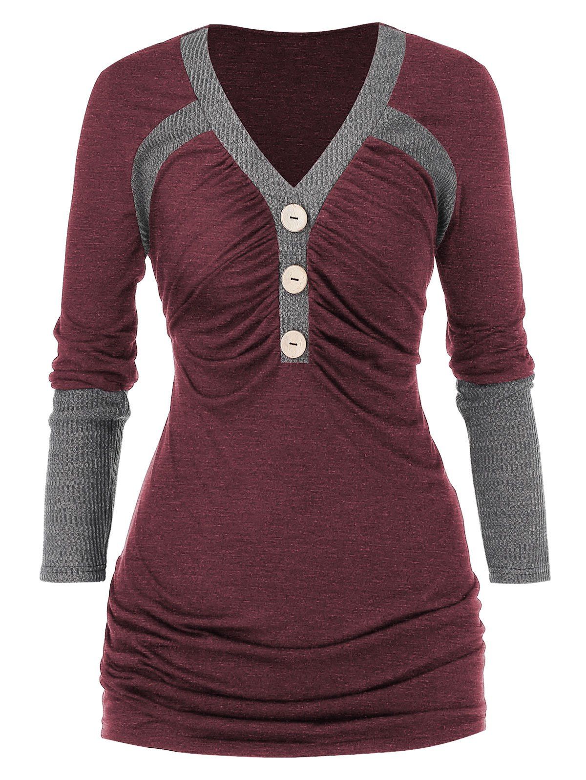 

Plus Size Contrast Trim Ruched T Shirt, Red wine