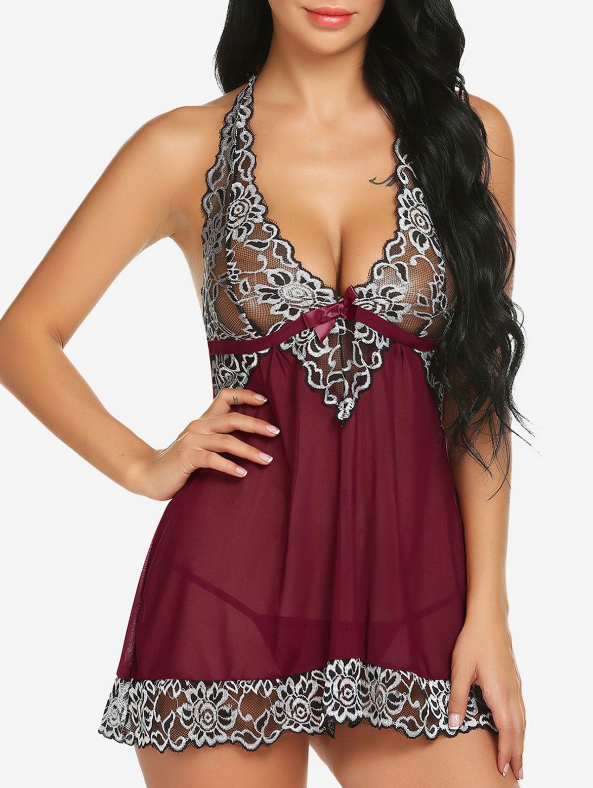 

Halter Bowknot Lace and Mesh Babydoll Set, Red wine