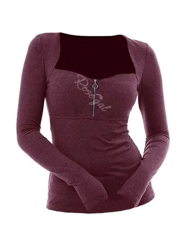 

Plus Size Zippered Solid Sweetheart Collar T Shirt, Red wine