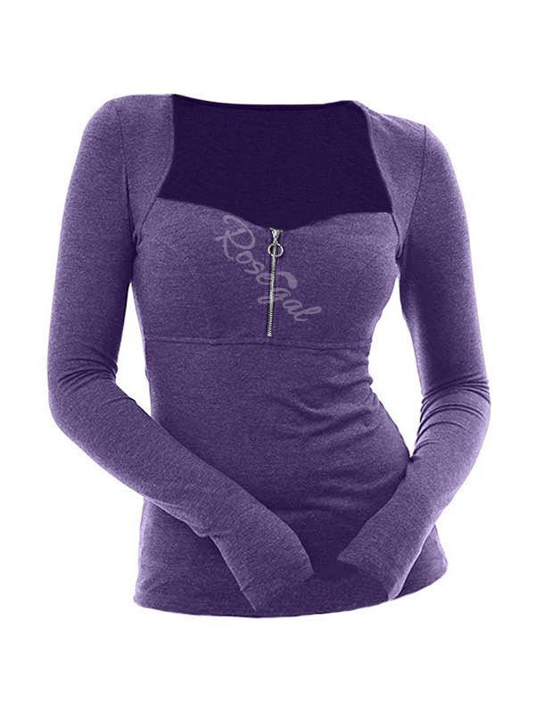 

Plus Size Zippered Solid Sweetheart Collar T Shirt, Purple iris