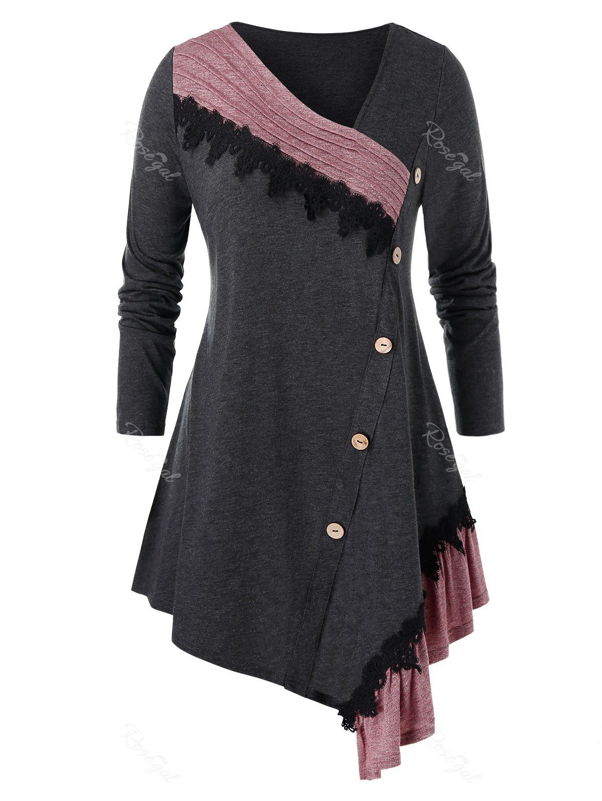 

Plus Size Applique Panel Asymmetric Mock Button Tunic Tee, Multi