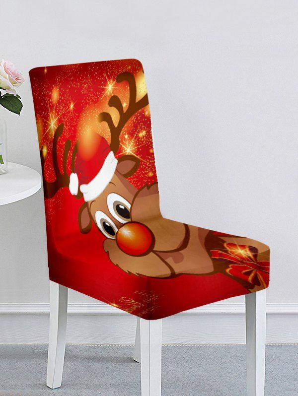 

Christmas Santa Claus Elk Snowflake Ball Print Chair Cover, Multi-c