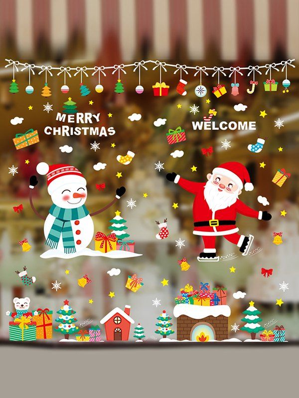 

Christmas Snowman Santa Claus Print Wall Art Stickers, Multi-a