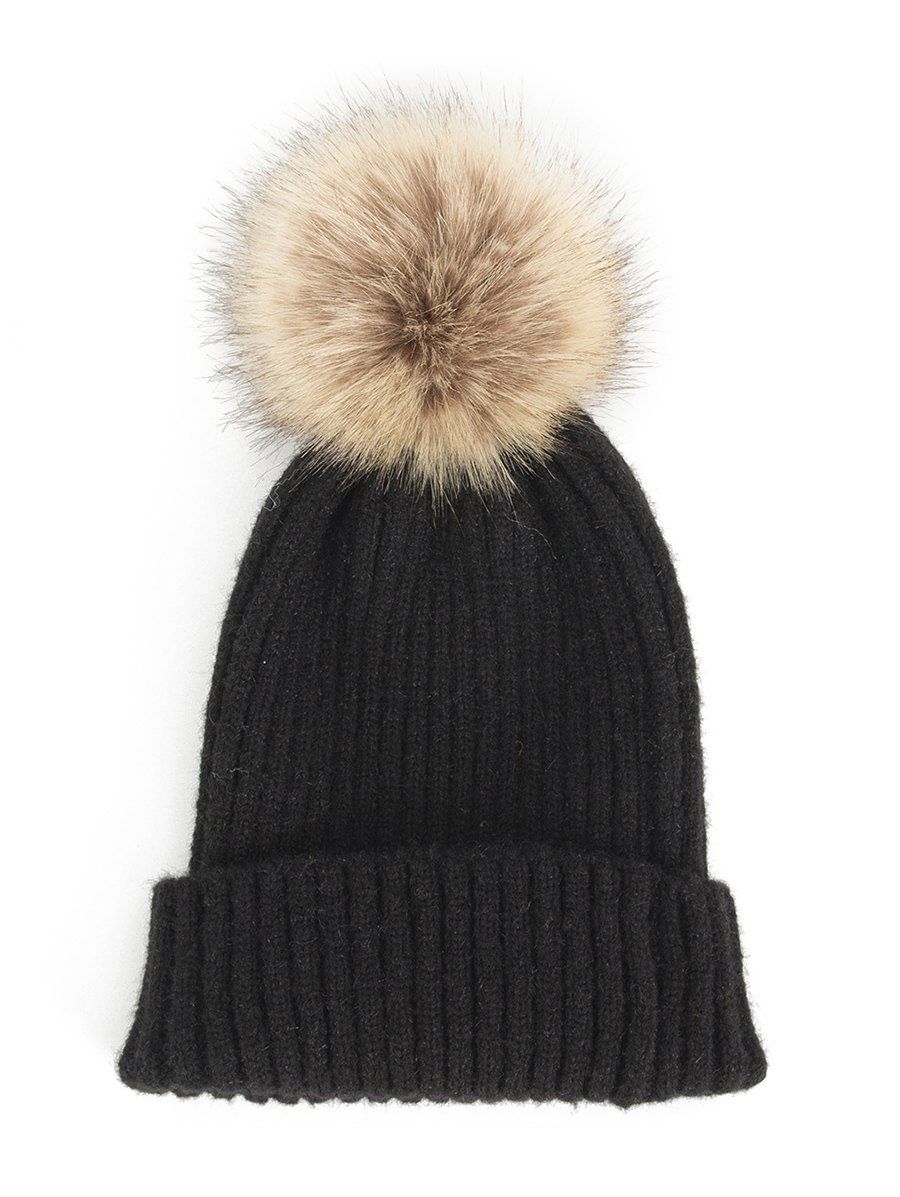 

Fuzzy Ball Decorate Knitted Hat, Black