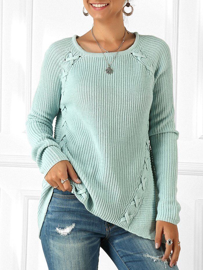 

Lace-up Raglan Sleeve Sweater, Light sky blue