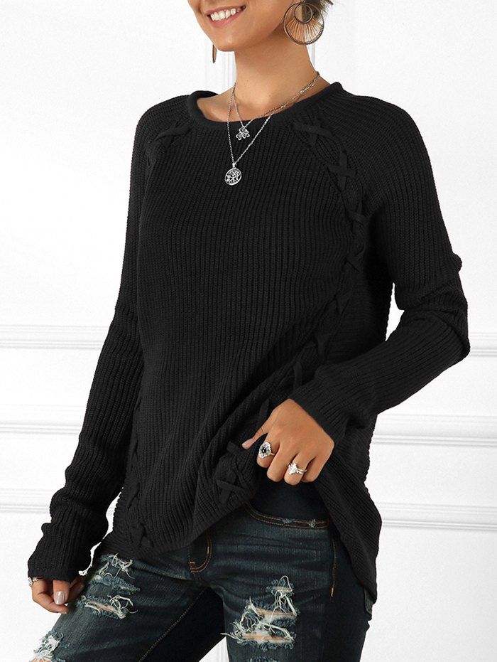

Lace-up Raglan Sleeve Sweater, Black